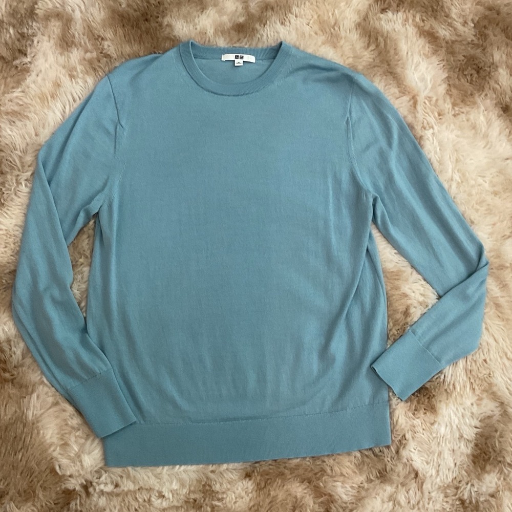 Uniqlo Extra Fine Merino Wool Crew Neck Sweater Mens XL Light Blue 450509
